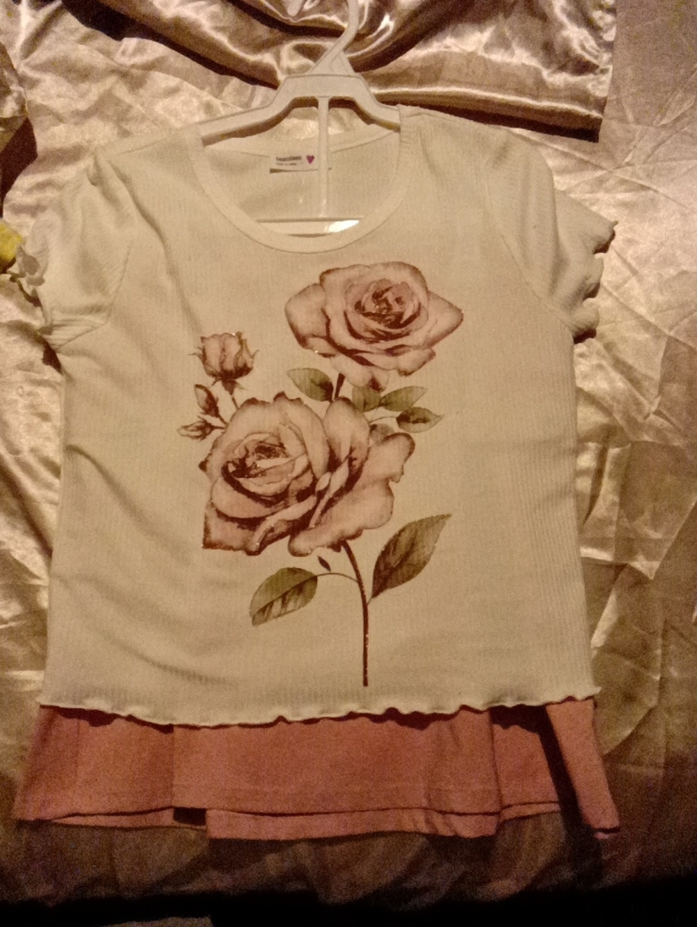 Beautees Cream Tee with Pink Layered Hem and Rose Graphic